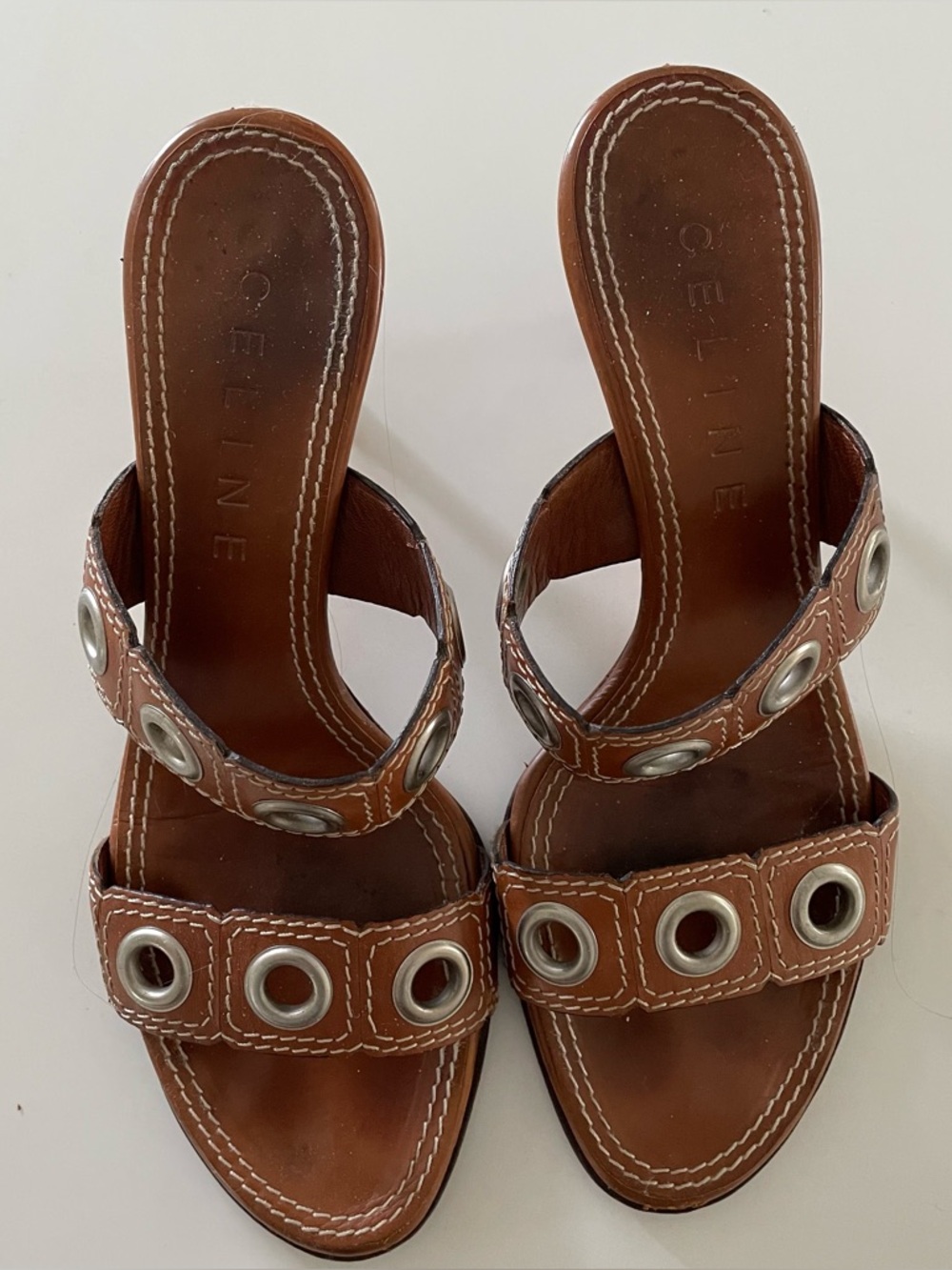 Celine Tan Leather Kitten Heel Sandals with Silver Circle Grommets Size 37.5 - Picture 2 of 7